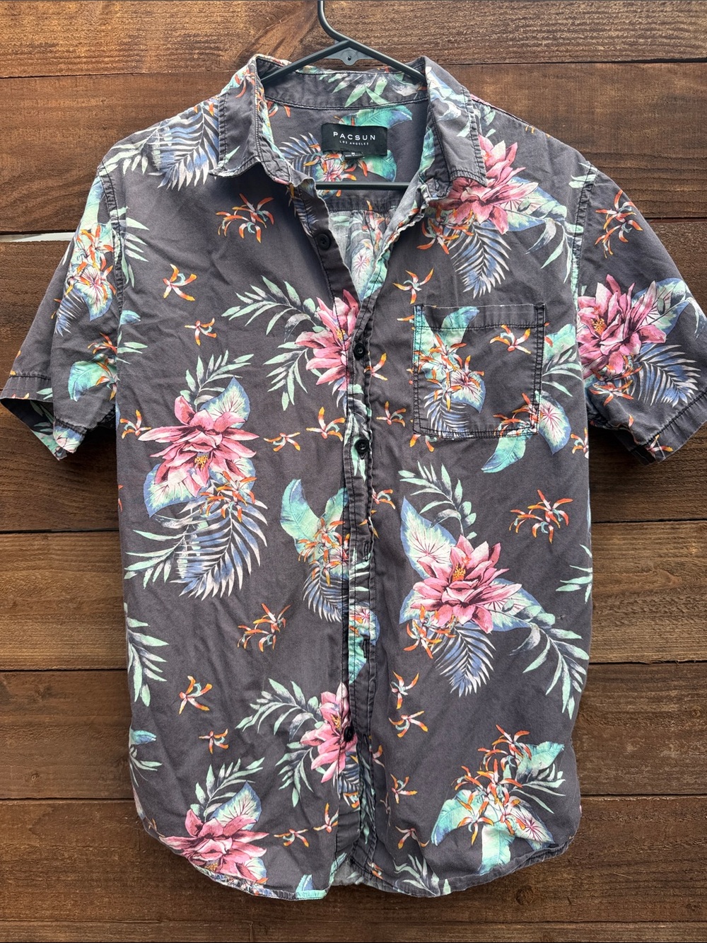 PacSun Charcoal Short-Sleeve Button-Down with Pink & Teal Floral Print